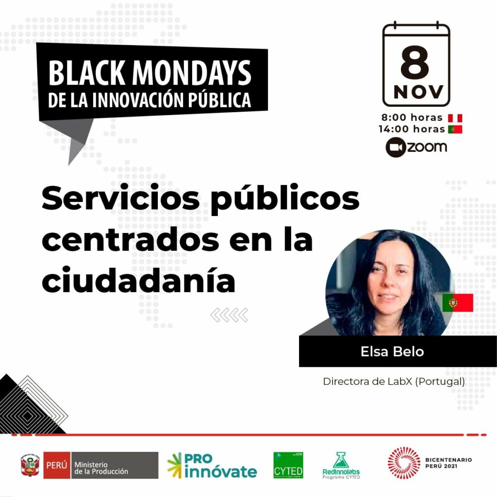 Divulgação da Black Mondays de la Innovacíon Pública da ProInnóvate Perú e NovaGob - Sessão online de 8 de novembro de 2021 sobre Serviços Públicos centrados nos cidadãos