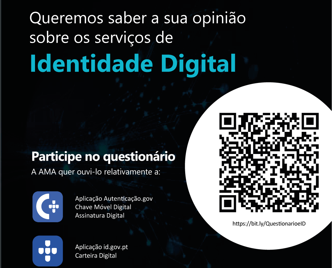 Imagem de fundo negro com o QR Code de acesso ao Questionário sobre os serviços de Identidade Digital.