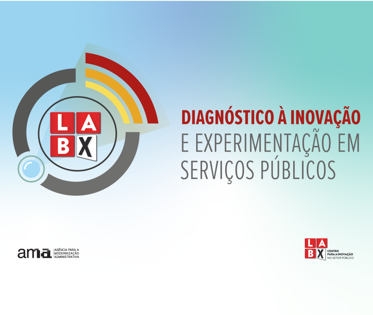 Imagem com o logótipo do Diagnóstico à Inovação e Experimentação em Serviços Públicos com o logótipo do LabX e da AMA-Agência para a Modernização Administrativa.